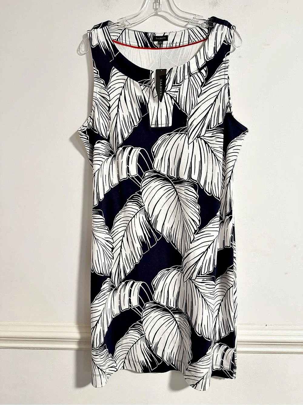 Talbots Blue White Leaf Print Sleeveless Cotton Shift Dress XL NWT